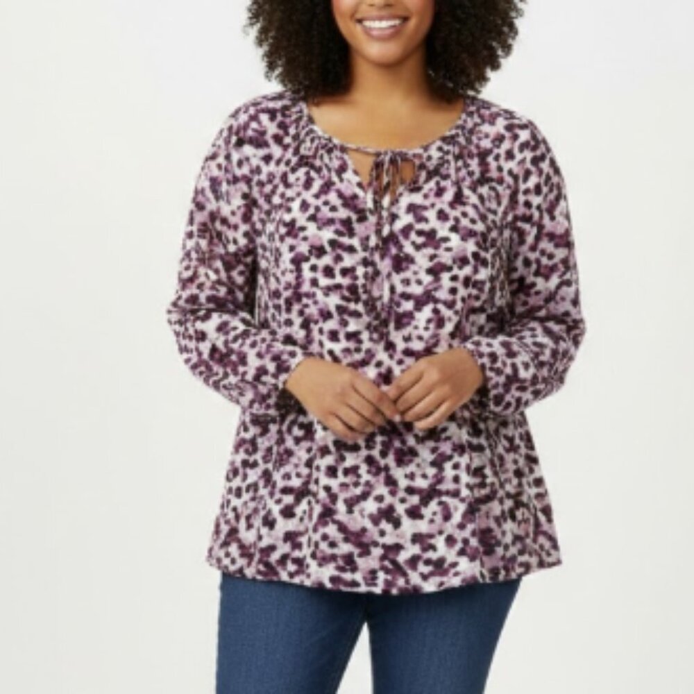 Liz Claiborne Purple Abstract‎ Print Tie Front Long Sleeve Blouse XL Office